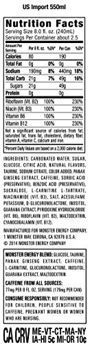 [Monster Energy Import + Energy Drink] + [18.6 Ounce] + [Caffeinated] + [Youth] + [Gym] + [Bragg's Rotti-Free Guarantee