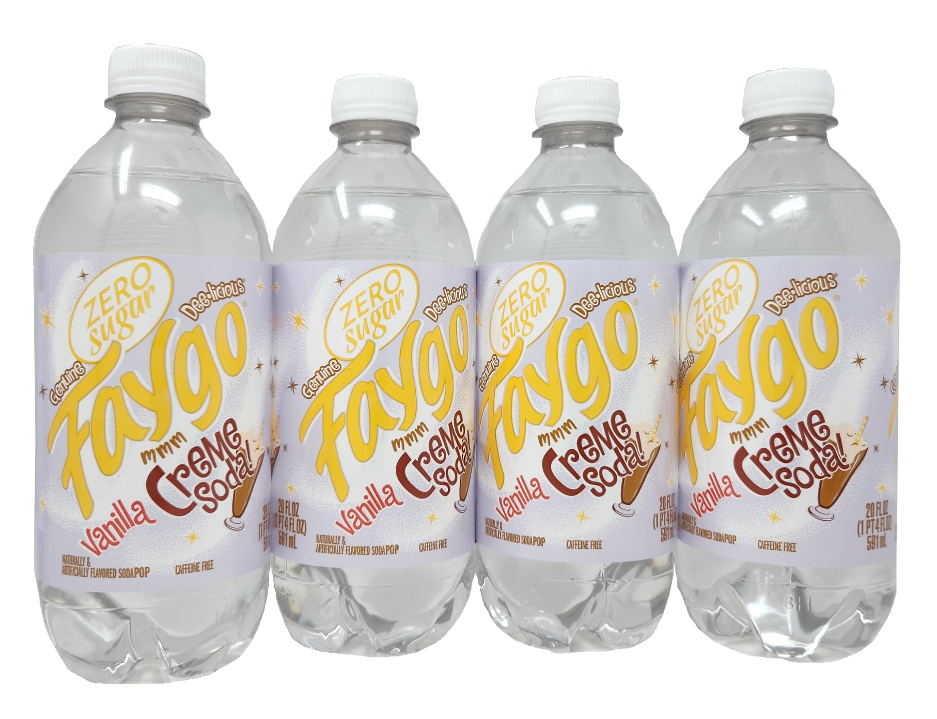 Faygo Zero Sugar Creme Soda Pop 4 Pack 20oz Bottles for Adults at Home Parties and Picnics, Sugar-Free Creme Soda Flavor